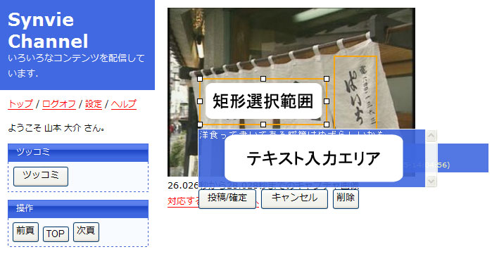 映像の任意のショット及び矩形範囲に対するアノテーションインタフェース.現在のショットに対応する静止画像に対してマウスで矩形範囲を選択し,コメントを投稿可能である.