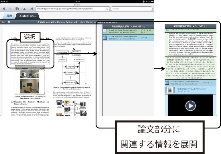 論文部分の選択に応じた関連情報の表示の変化